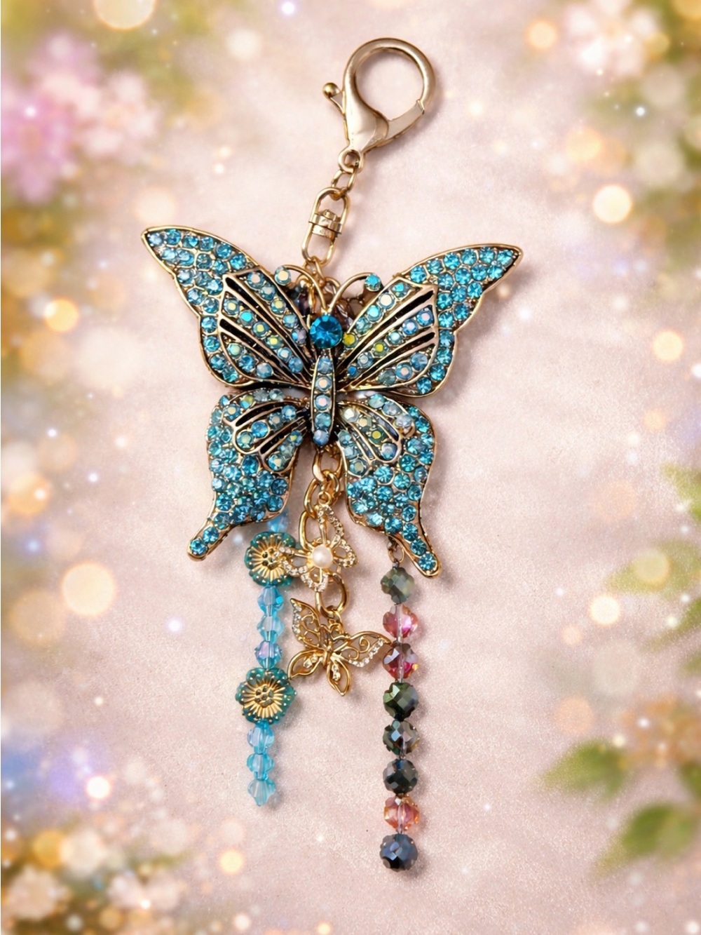 Gold-Tone Blue Crystal Butterfly Bag Charm